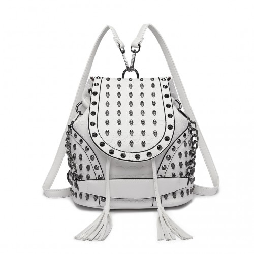 L1414 - Miss Lulu Skull Studded Backpack Shoulder Bag - Beige