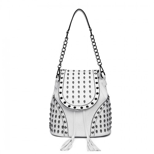 L1414 - Miss Lulu Skull Studded Backpack Shoulder Bag - Beige