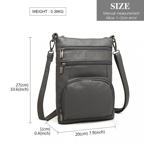 LB6927 - Miss Lulu Multi Pocket Leather Look RFID-Blocking Cross Body Bag - Grey