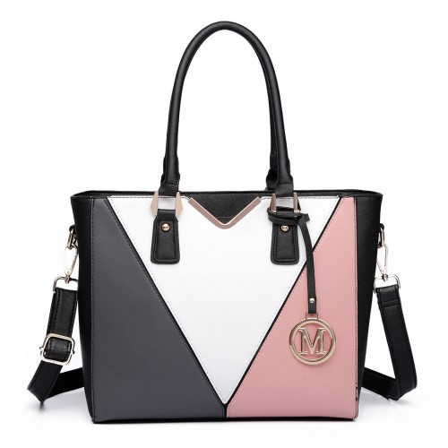 LG6632 - Miss Lulu Leather Look V-Shape Multicolour Tote Bag - Nude