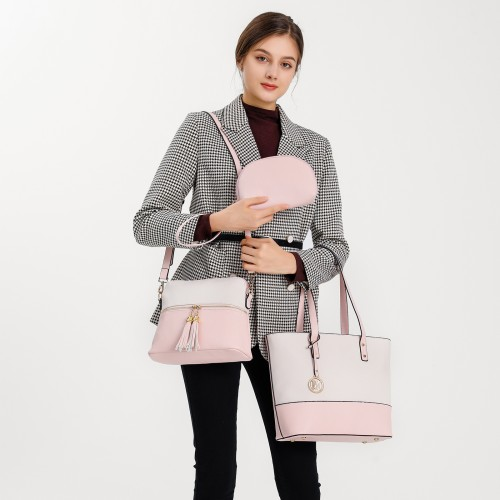 LG2023 - Miss Lulu 3 Piece Leather Look Tote Bag Set - Pink And Beige