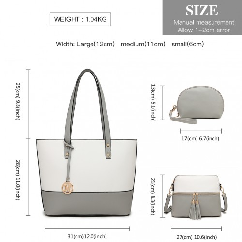 LG2023 - Miss Lulu 3 Piece Leather Look Tote Bag Set - Grey And White