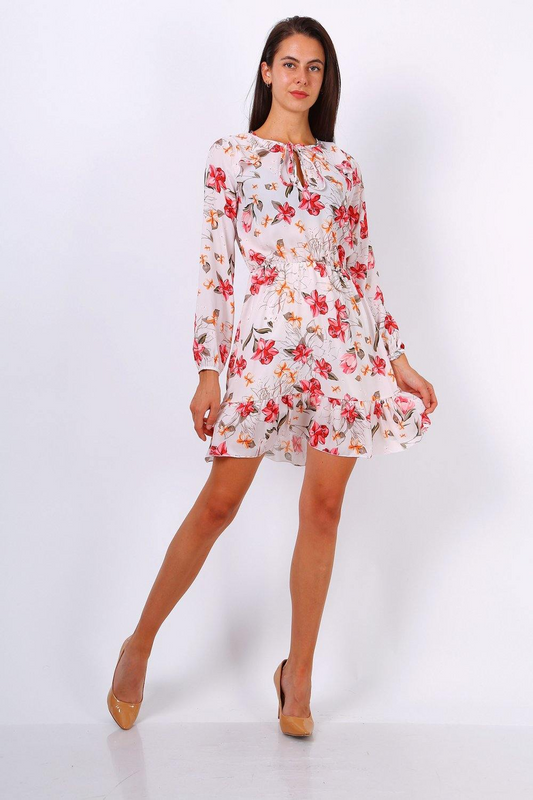 White Floral Print Tie Neck Shift Dress