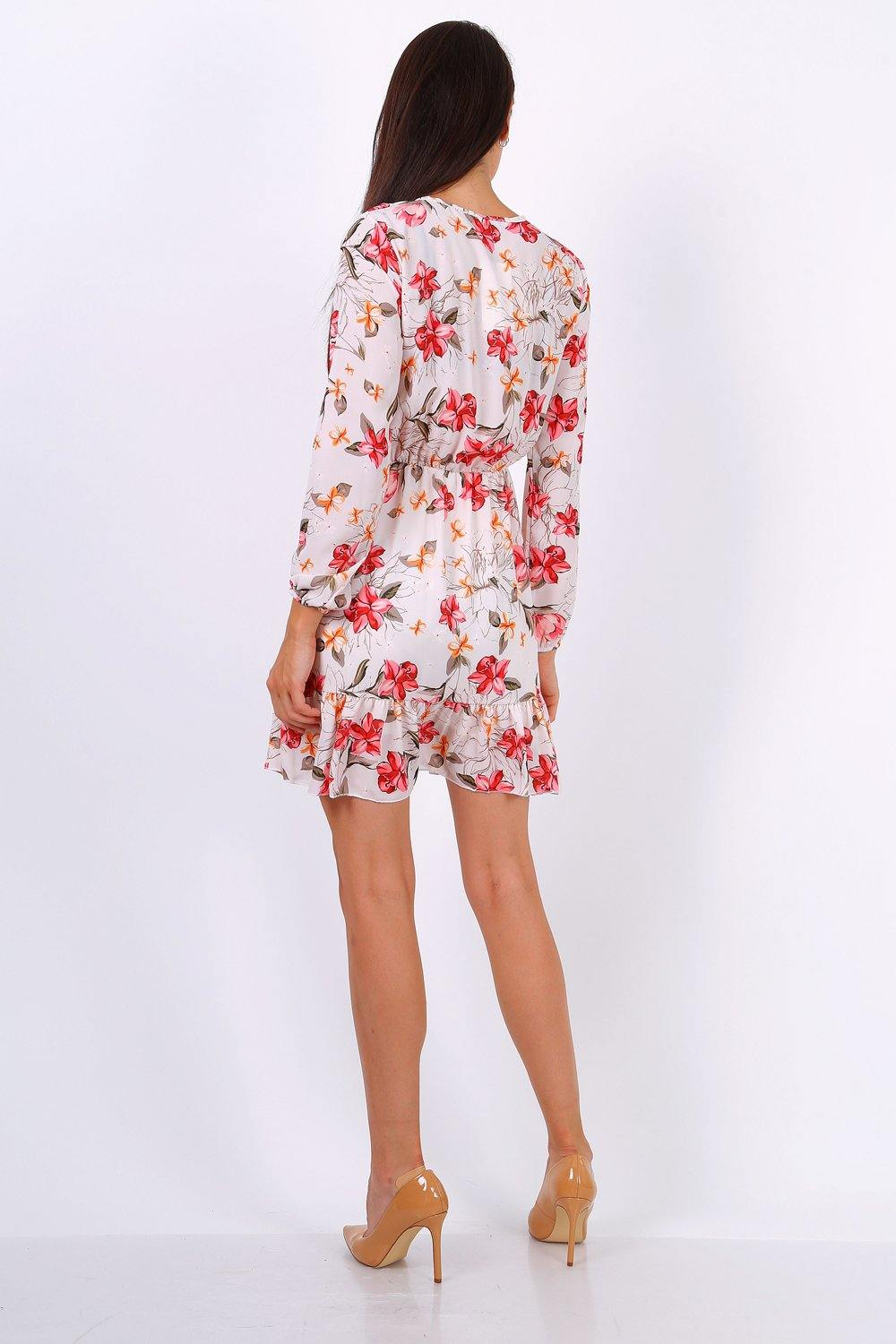 White Floral Print Tie Neck Shift Dress