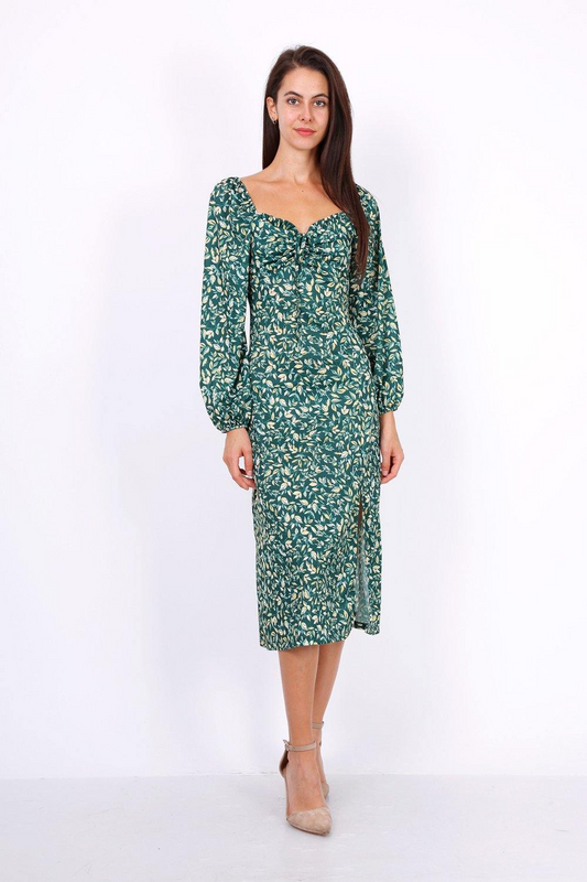 Leaf Print Ruched Neckline Midi Dress In Green