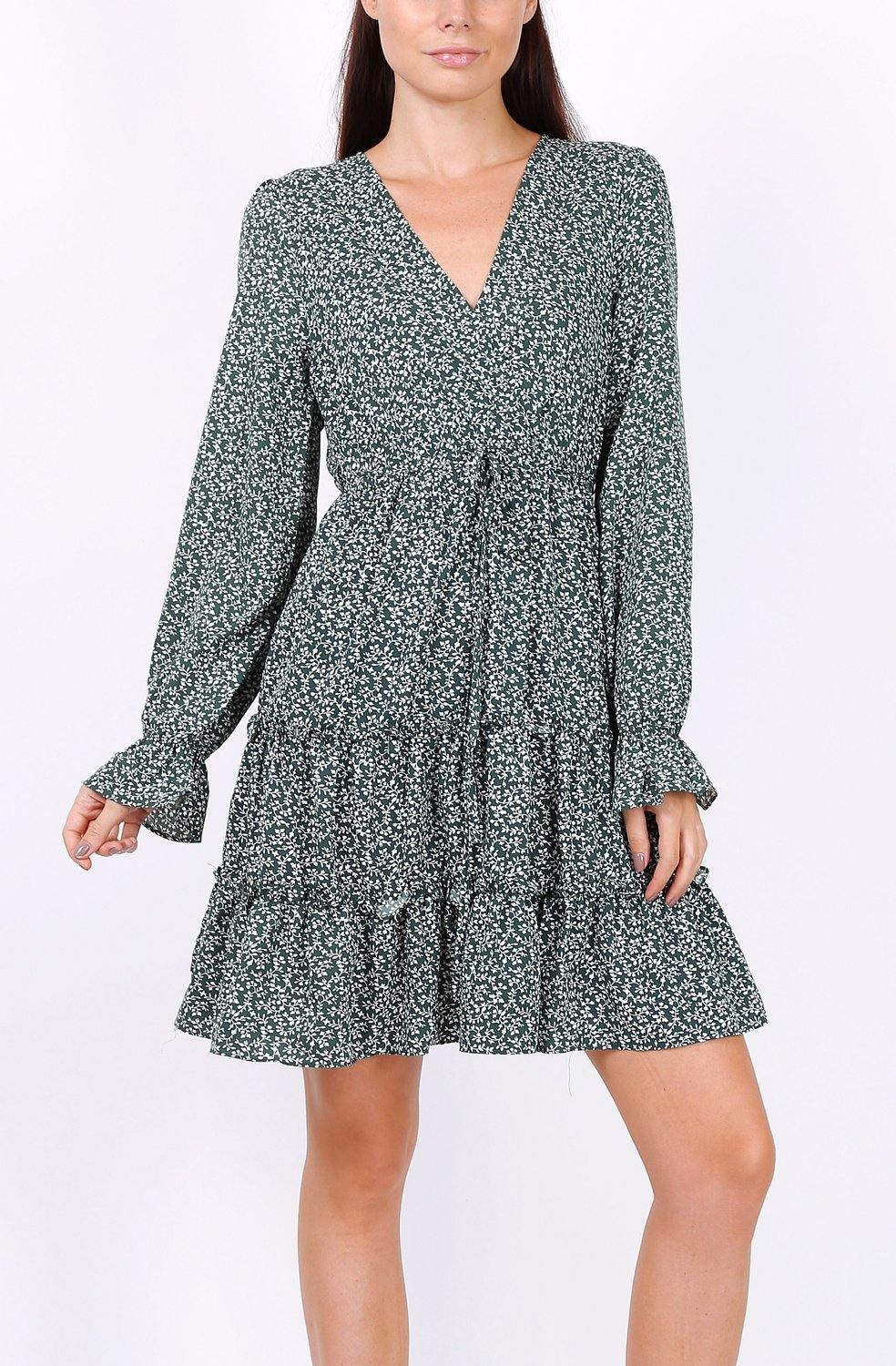 Wrap Front Mini Dress With Tiered Skirt In Green Floral Print