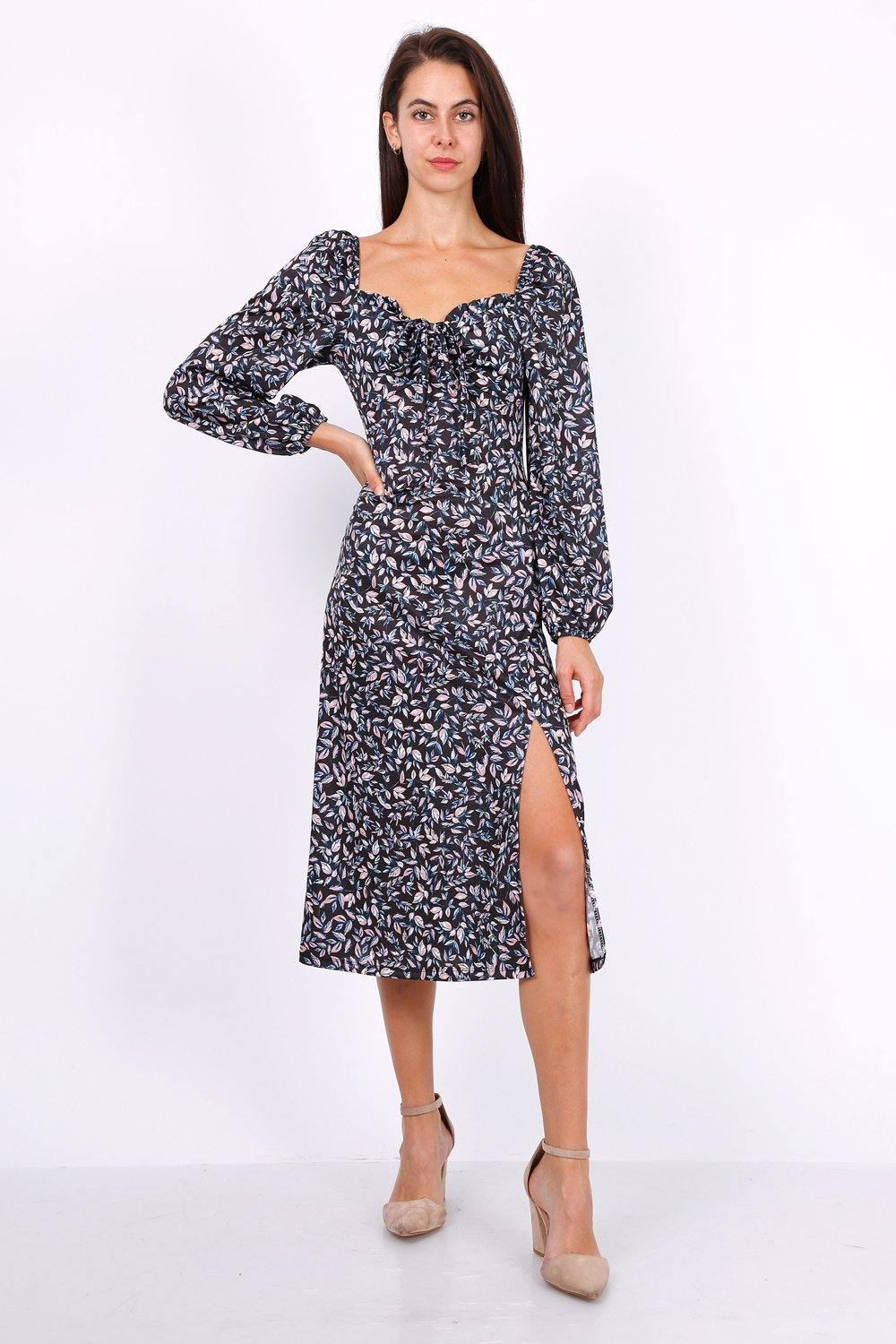 Leaf Print Ruched Neckline Midi Dress In Black