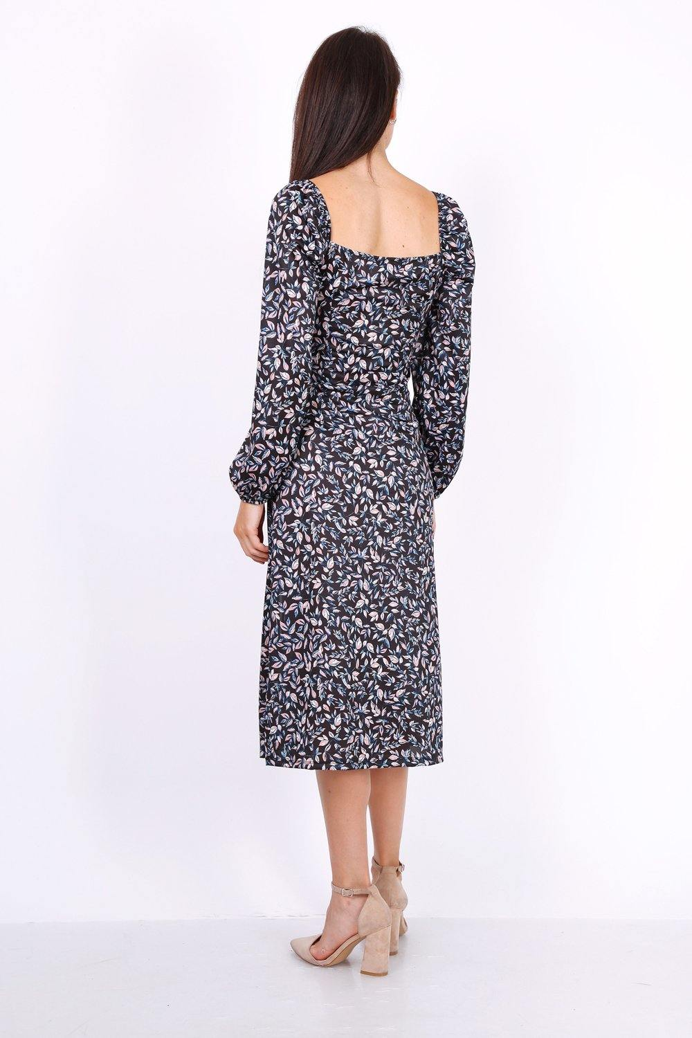 Leaf Print Ruched Neckline Midi Dress In Black