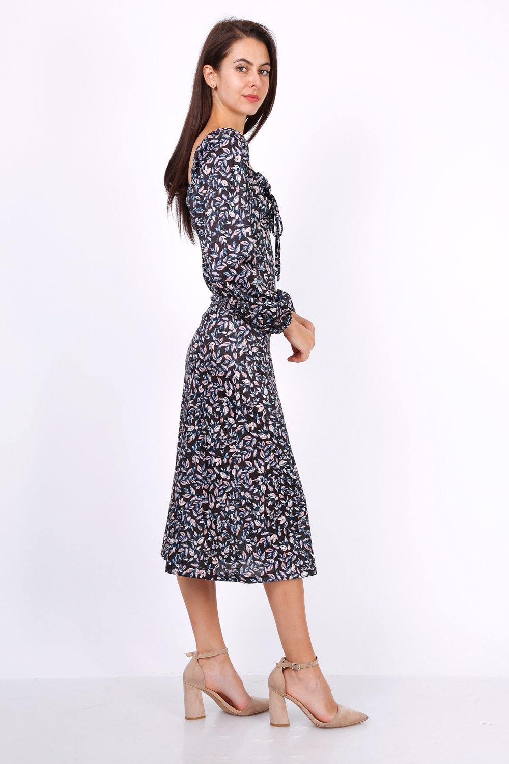 Leaf Print Ruched Neckline Midi Dress In Black