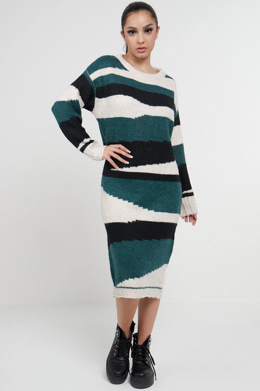 Abstract Striped Jumper Dress In Green