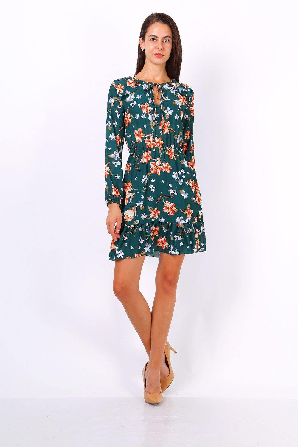 Green Floral Print Tie Neck Shift Dress