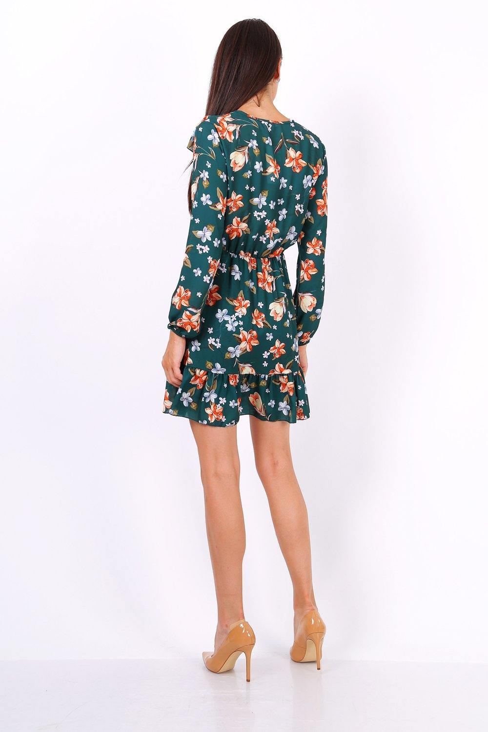 Green Floral Print Tie Neck Shift Dress