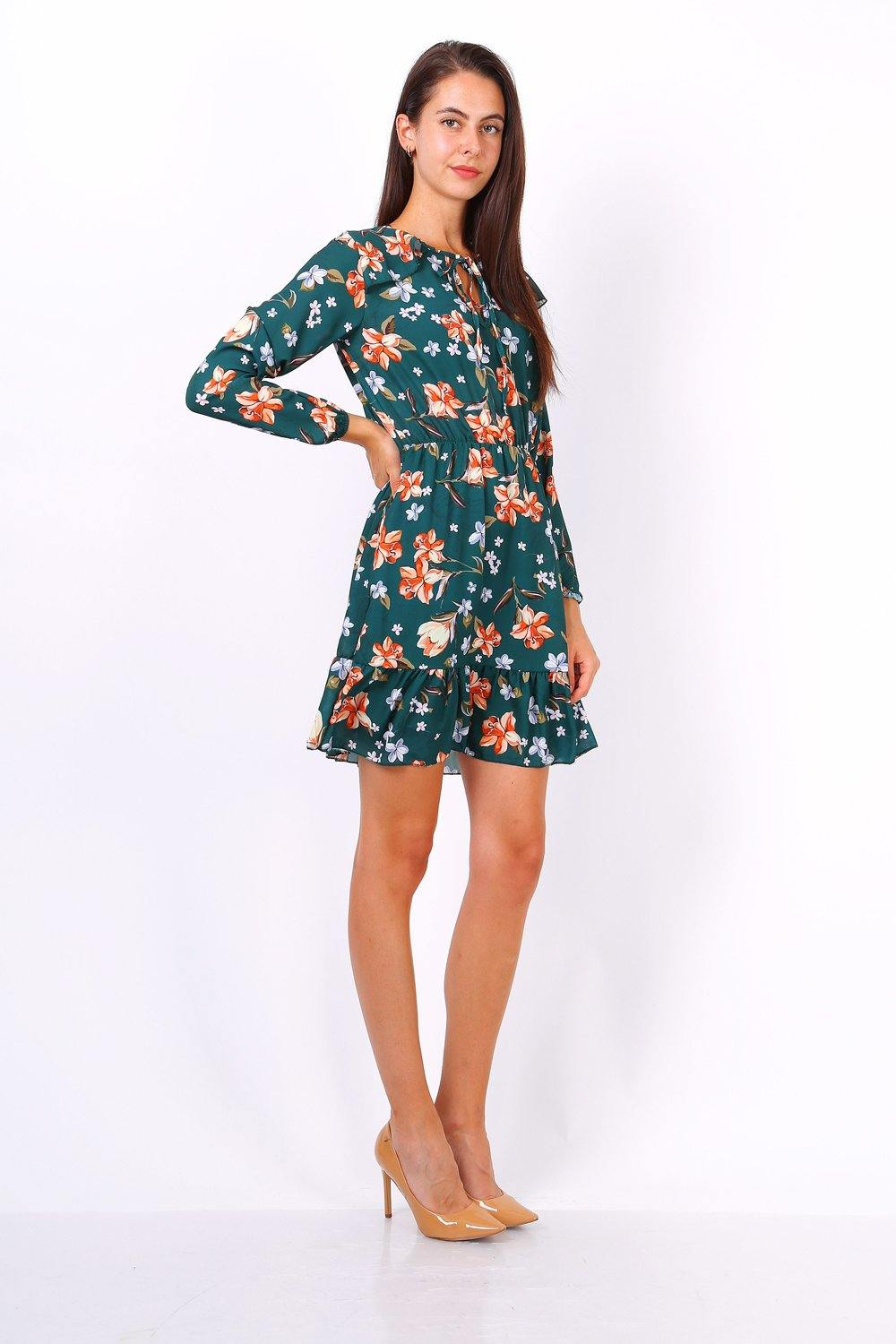 Green Floral Print Tie Neck Shift Dress