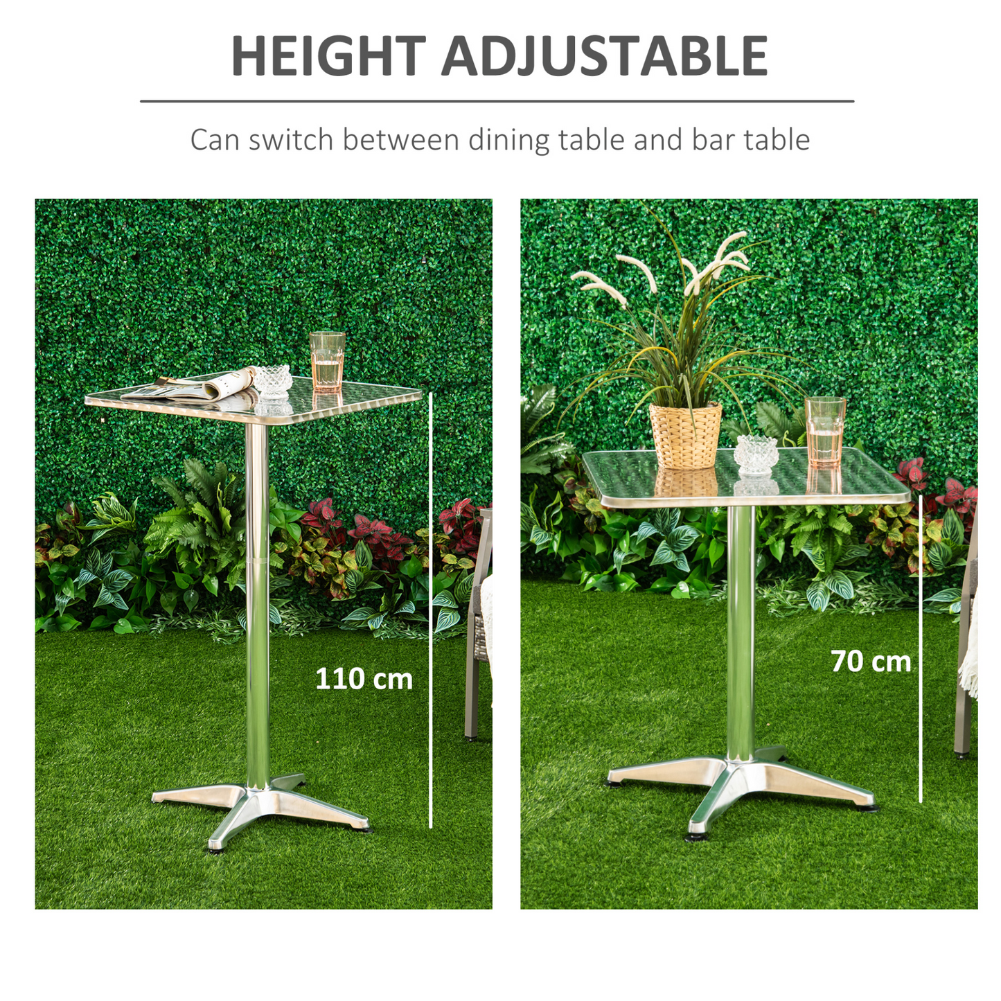 HOMCOM Height Adjustable Bistro Table Pub Bar Square Table Stainless Steel Top Aluminium Edge 60 x 60cm