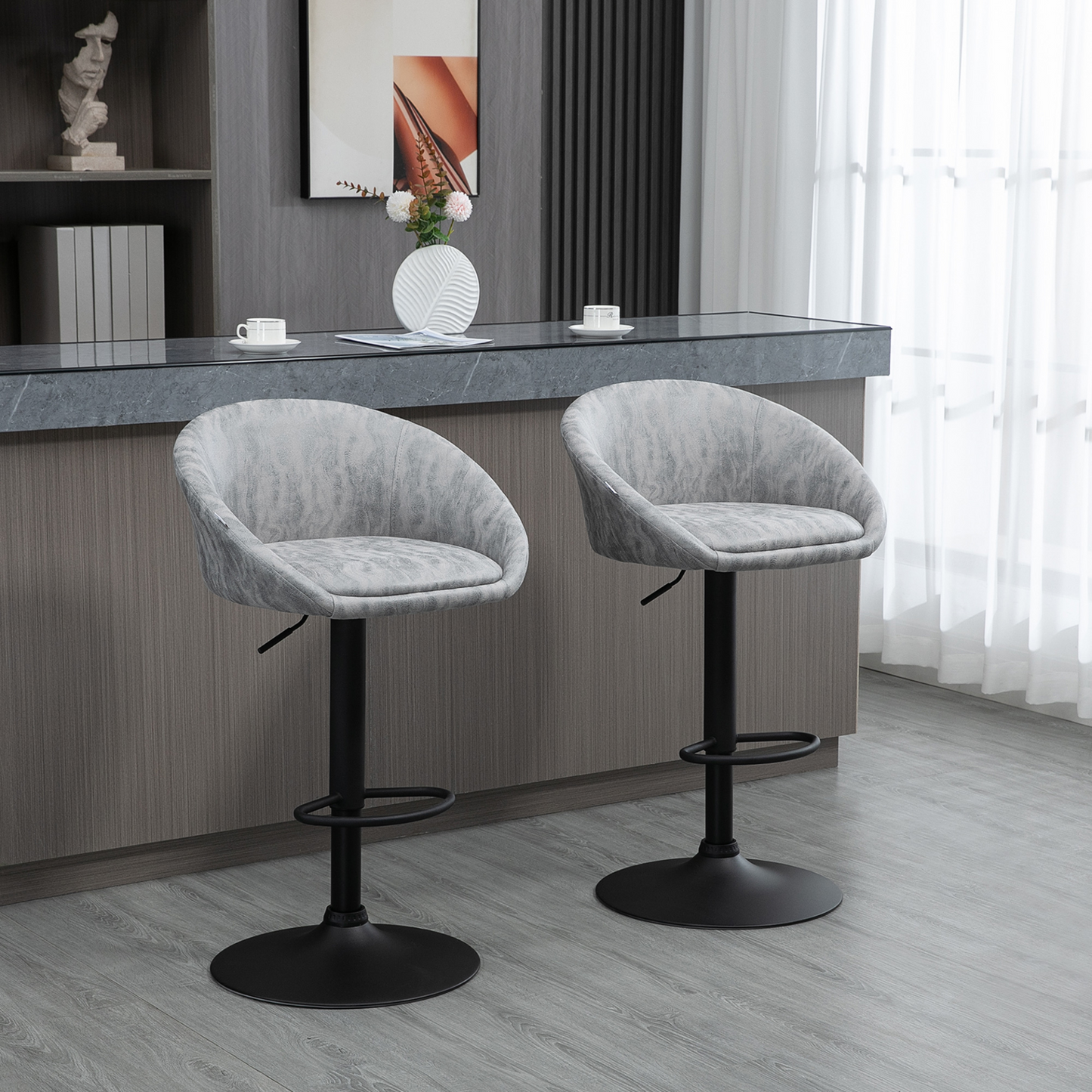 HOMCOM Modern Adjustable Bar Stools Set of 2, Swivel PU Leather Breakfast Barstools with PU Leather Footrest, Armrests and Back, for Kitchen Counter and Dining Room, Light Grey