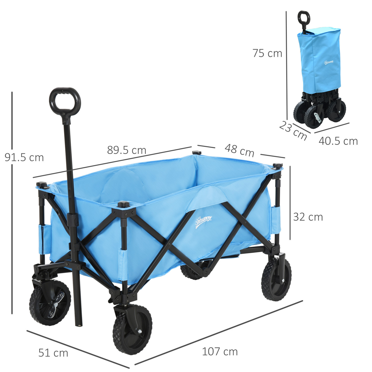 Outsunny Pull Along Cart Folding Cargo Wagon Trailer Trolley for Beach Garden Use with Telescopic Handle - Blue