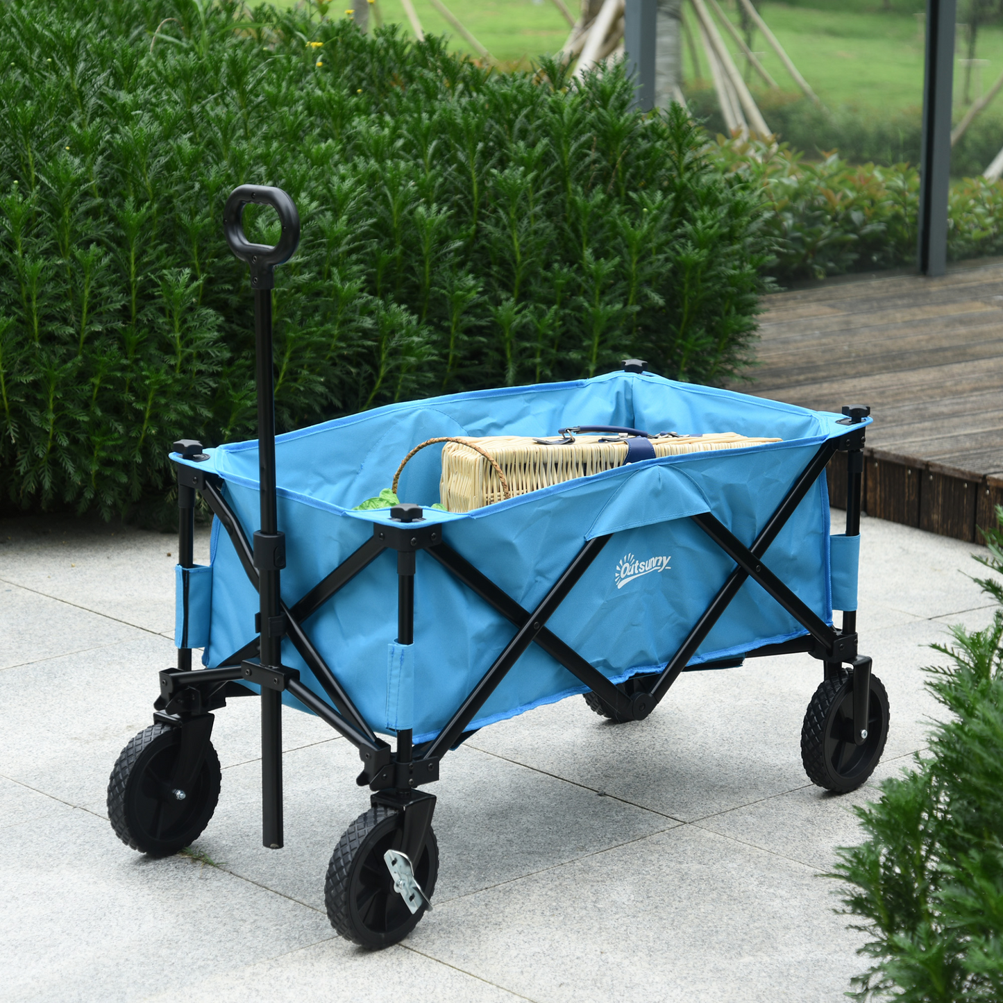 Outsunny Pull Along Cart Folding Cargo Wagon Trailer Trolley for Beach Garden Use with Telescopic Handle - Blue