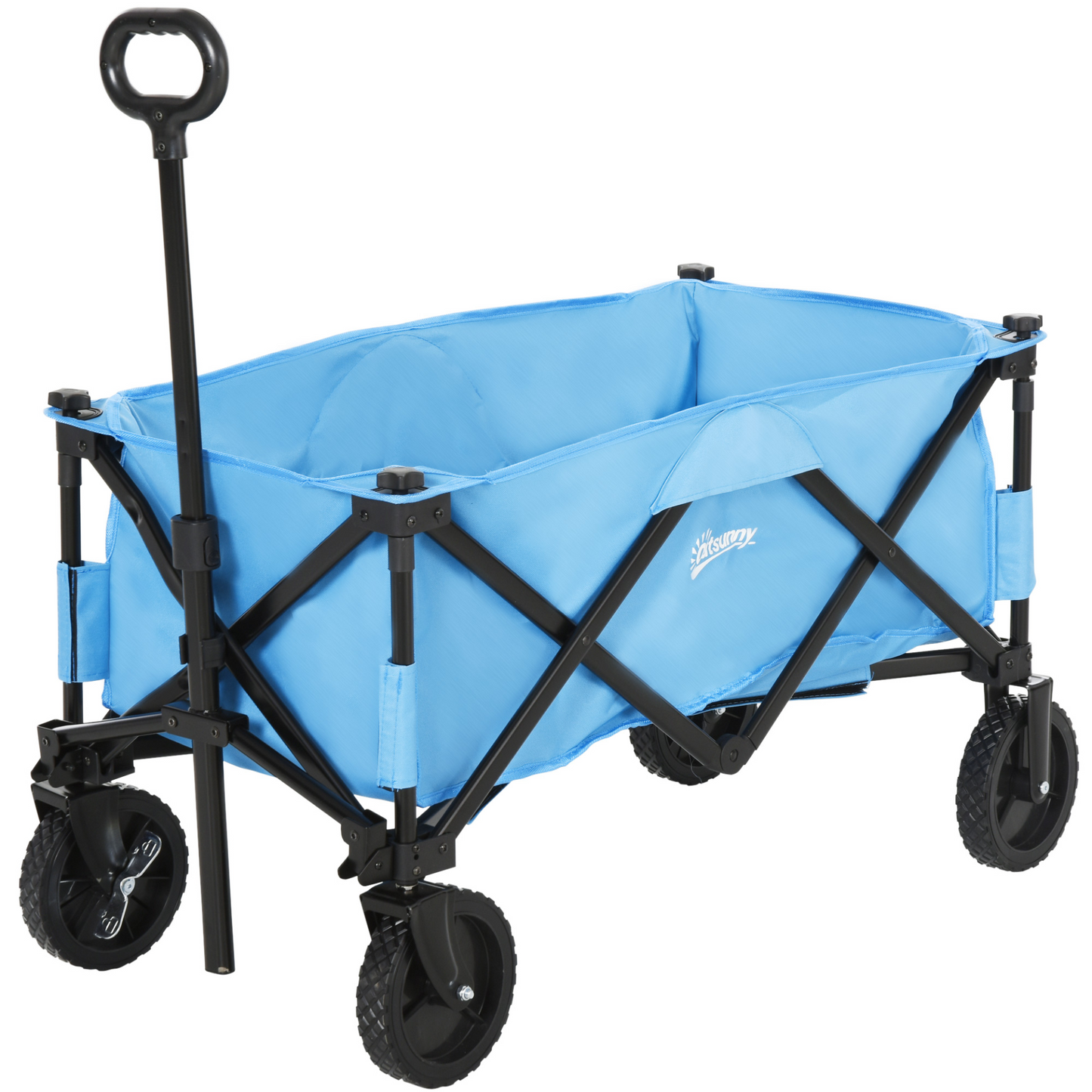 Outsunny Pull Along Cart Folding Cargo Wagon Trailer Trolley for Beach Garden Use with Telescopic Handle - Blue