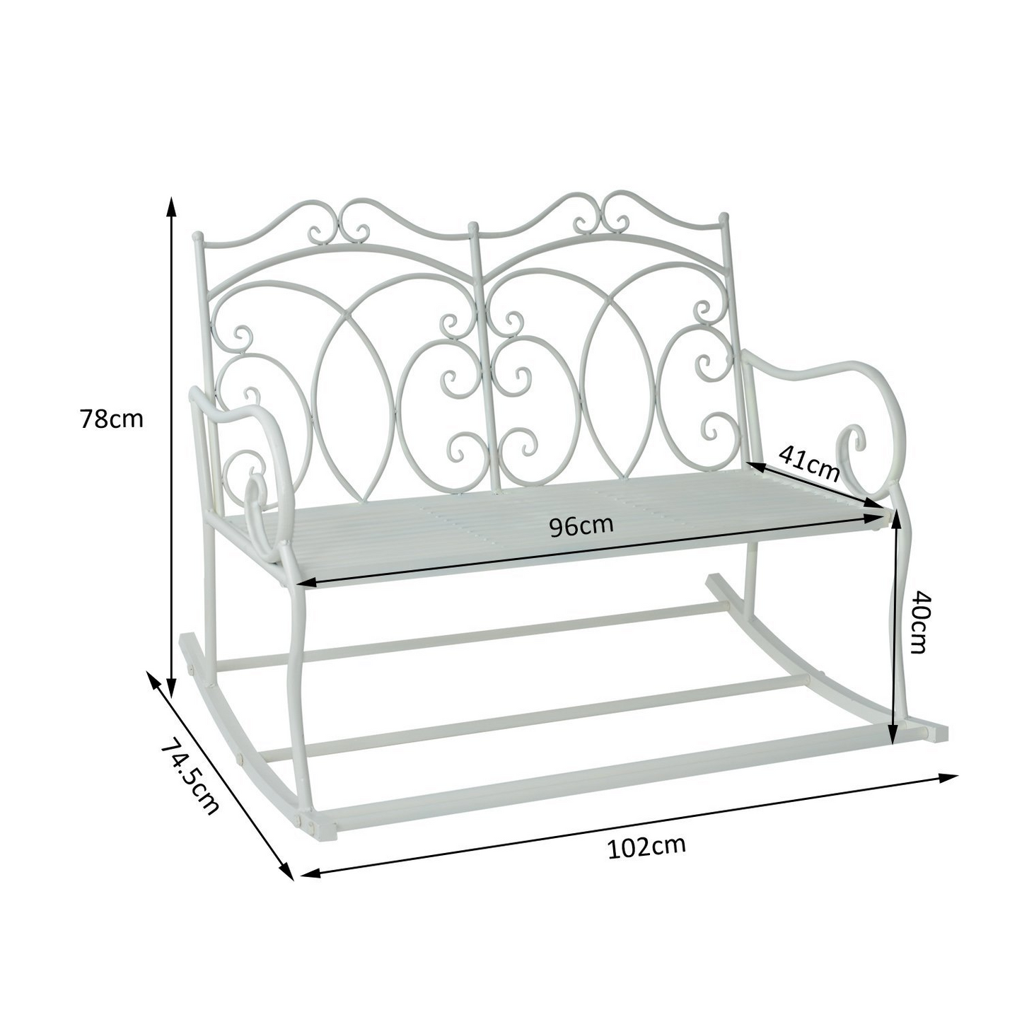 Outsunny Patio 2 Seater Rocking Bench Steel Garden Outdoor Garden Loveseat Chair w/ Decorative Backrest White