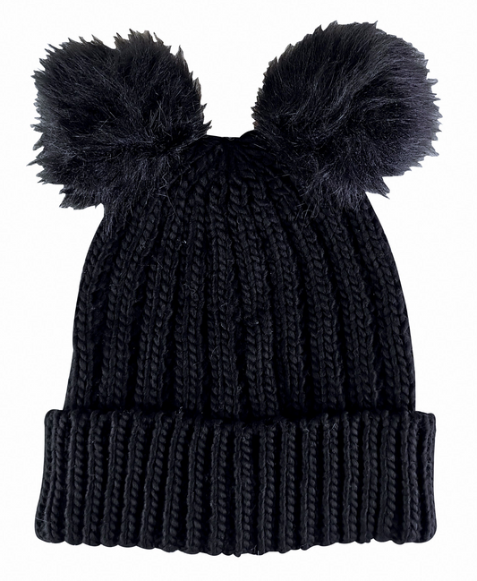 Ladies Faux Fur Pom Pom Pull On Knitted Beanie Hat