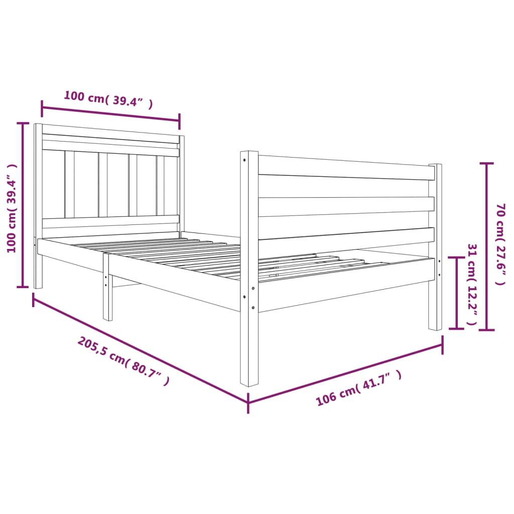 vidaXL Bed Frame Solid Wood 100x200 cm