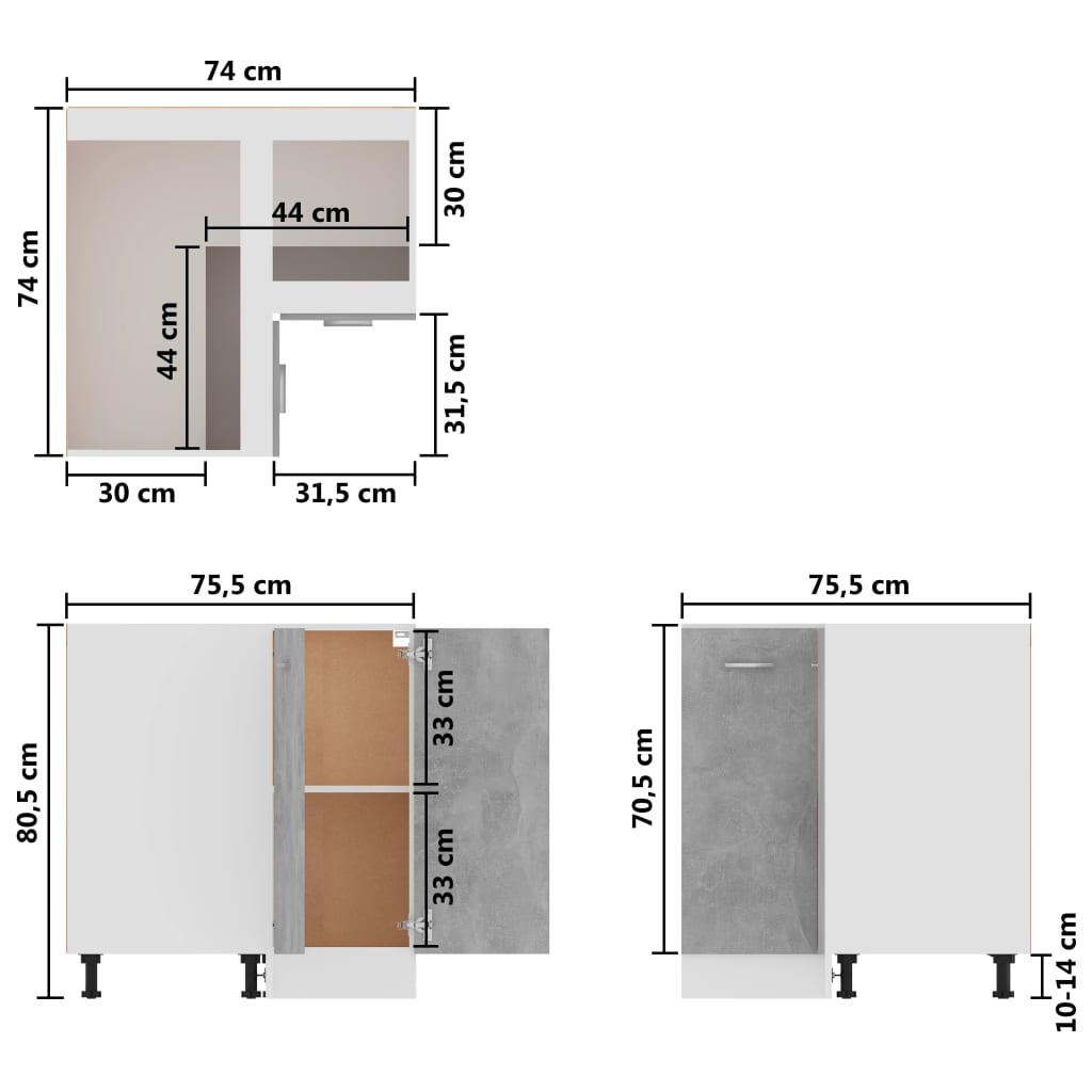 vidaXL Corner Bottom Cabinet Concrete Grey 75.5x75.5x81.5 cm Engineered Wood