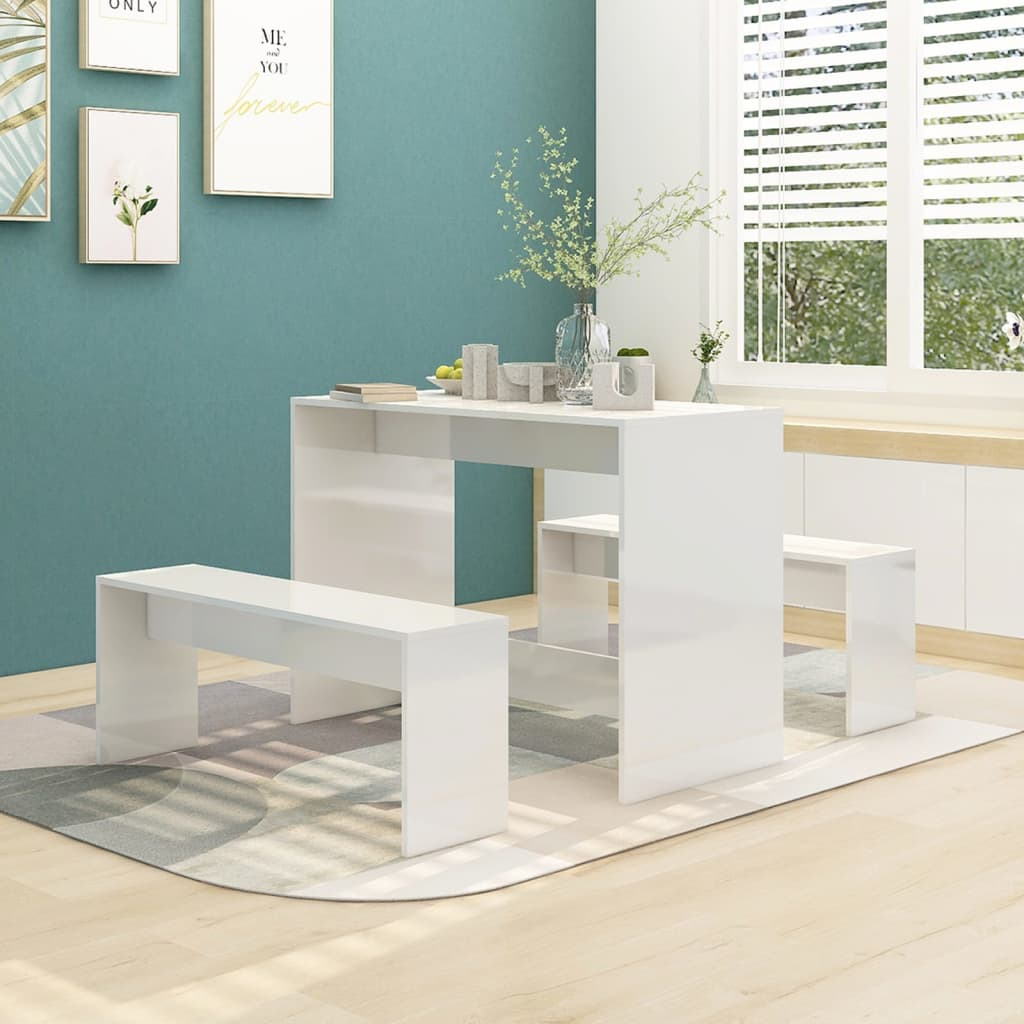 vidaXL 3 Piece Dining Set High Gloss White Engineered Wood