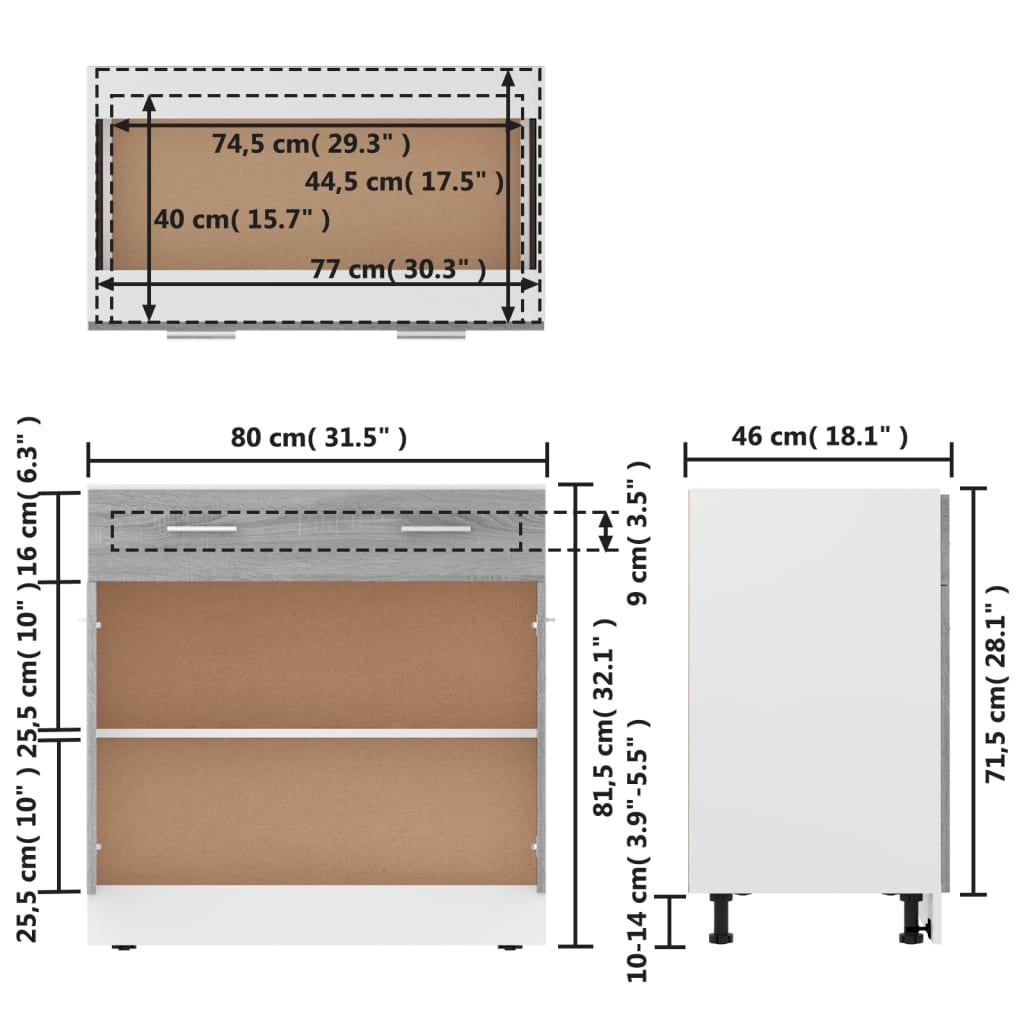 vidaXL Drawer Bottom Cabinet Grey Sonoma 80x46x81.5 cm Engineered Wood