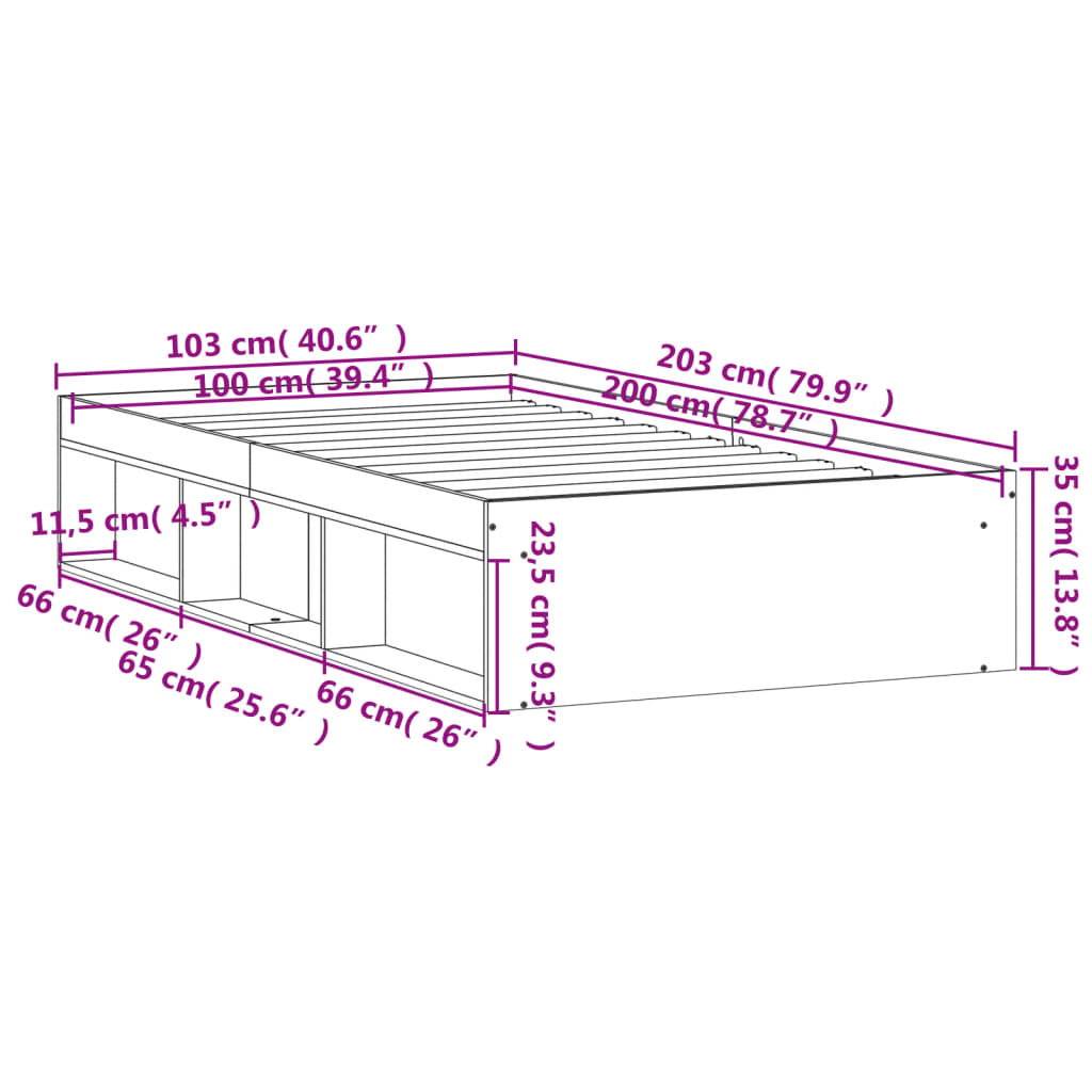 vidaXL Bed Frame Grey Sonoma 100x200 cm