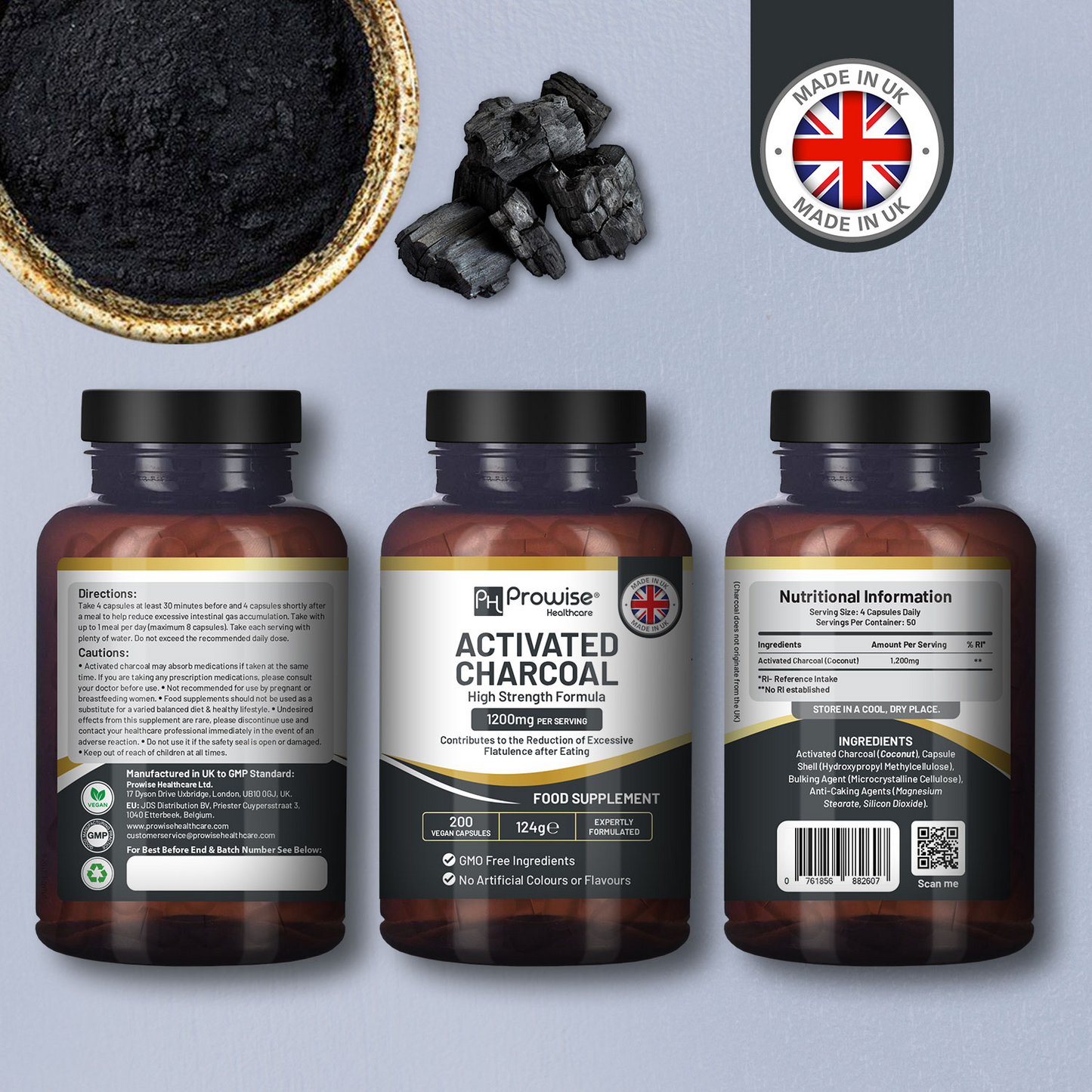 Activated Charcoal Capsules - 200 High Strength Vegan Capsules- 1200mg per serving- Made from Natural Coconut shells to Reduce Flatulence, Bloating & Indigestion I Made in the UK