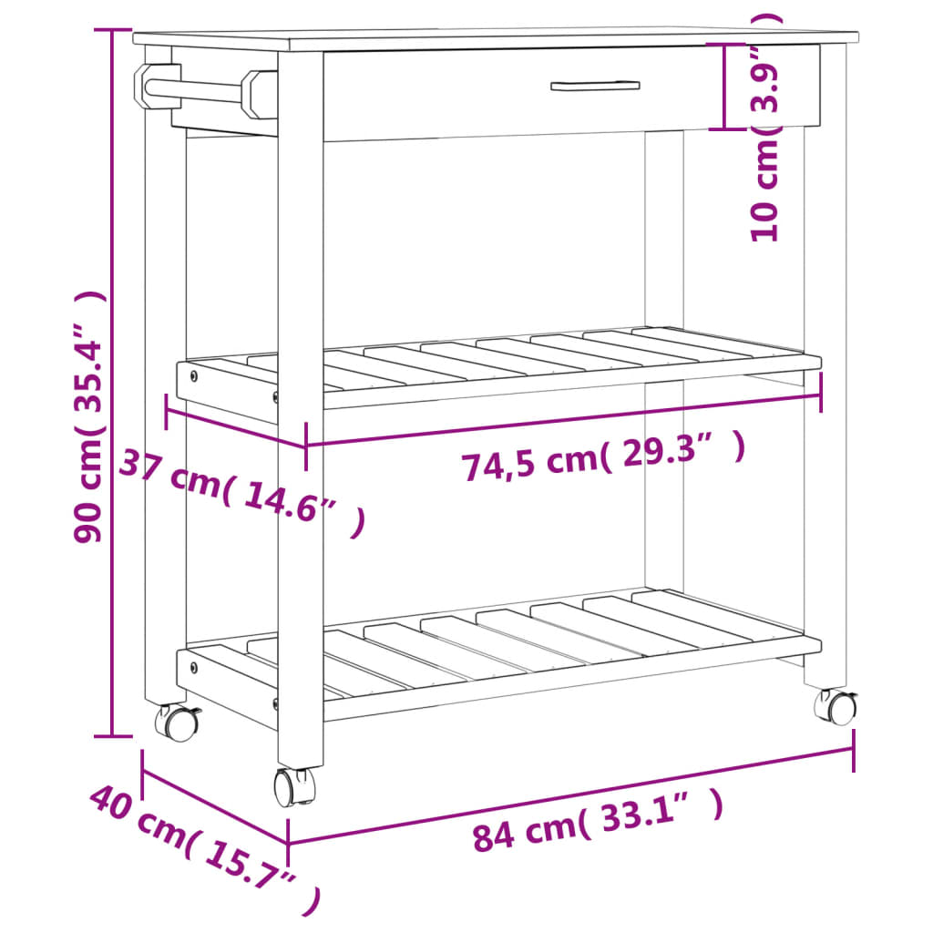 vidaXL Kitchen Trolley MONZA 84x40x90 cm Solid Wood Pine