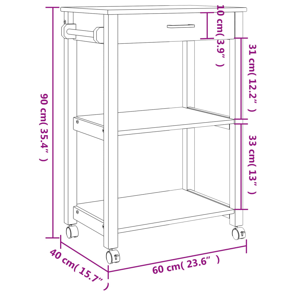 vidaXL Kitchen Trolley MONZA 60x40x90 cm Solid Wood Pine