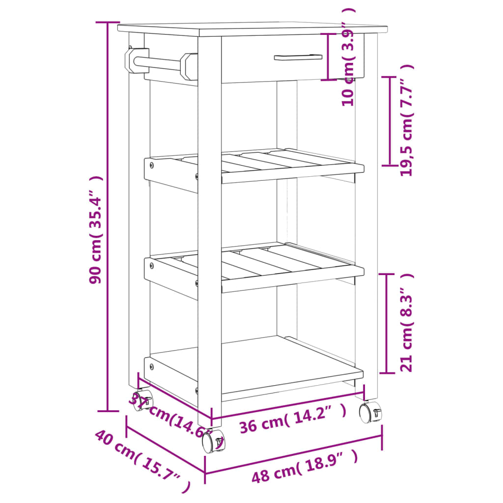 vidaXL Kitchen Trolley MONZA 48x40x90 cm Solid Wood Pine