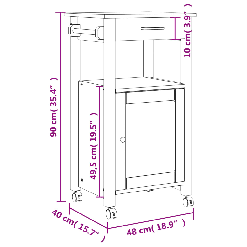 vidaXL Kitchen Trolley MONZA 48x40x90 cm Solid Wood Pine