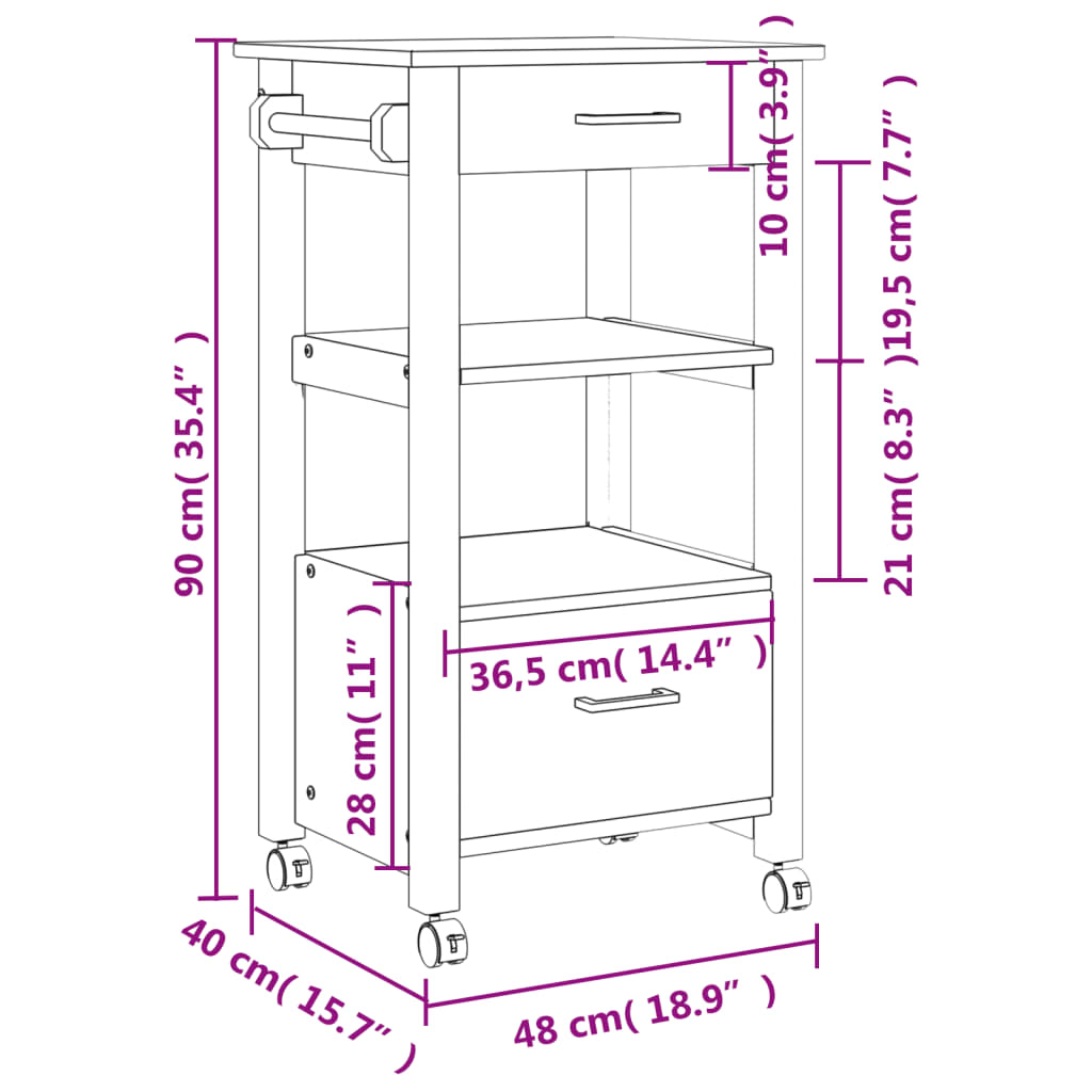 vidaXL Kitchen Trolley MONZA 48x40x90 cm Solid Wood Pine