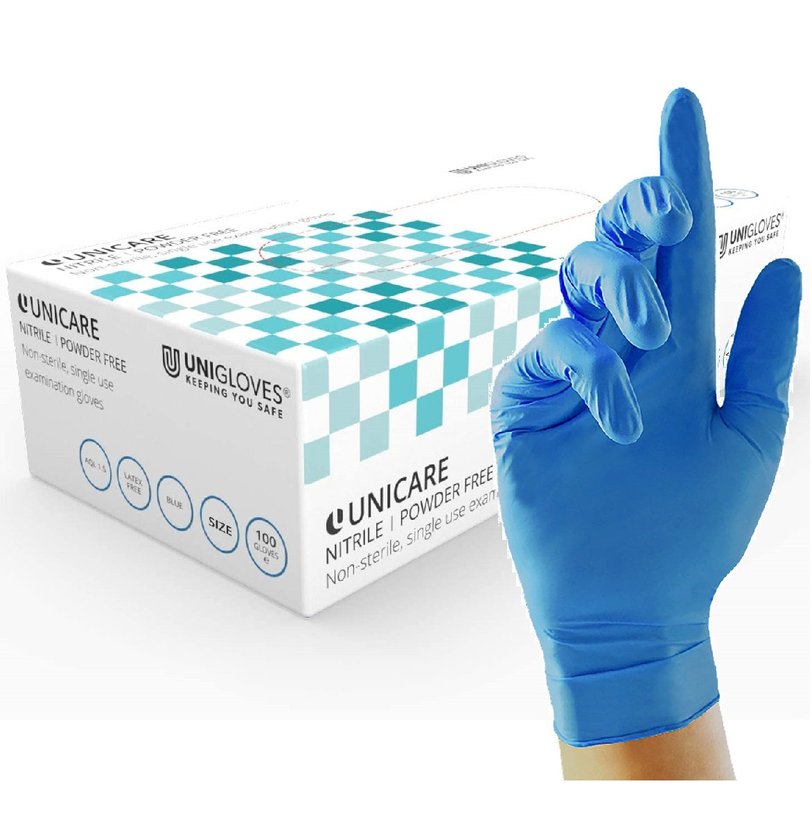 Disposable Nitrile Gloves Powder Latex Free, Unicare, Blue