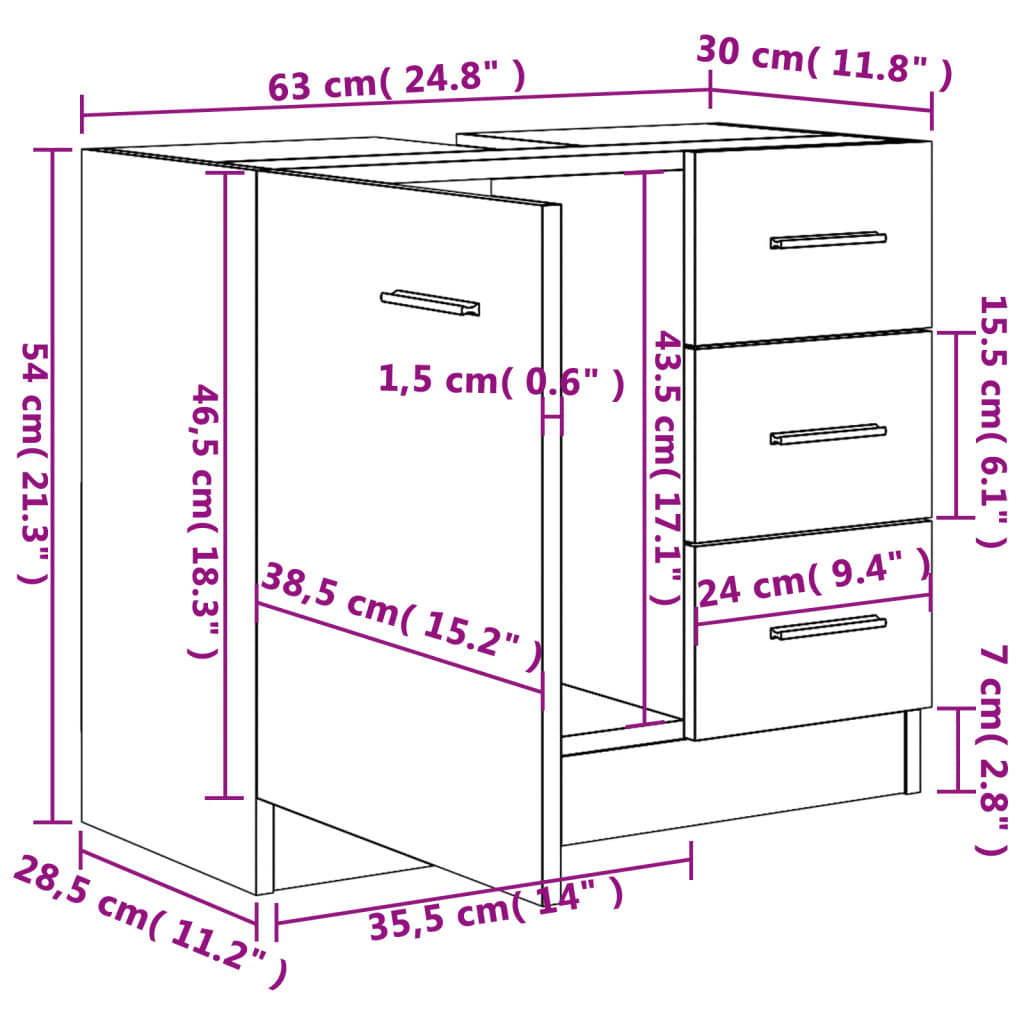 vidaXL Sink Cabinet High Gloss White 63x30x54 cm Engineered Wood