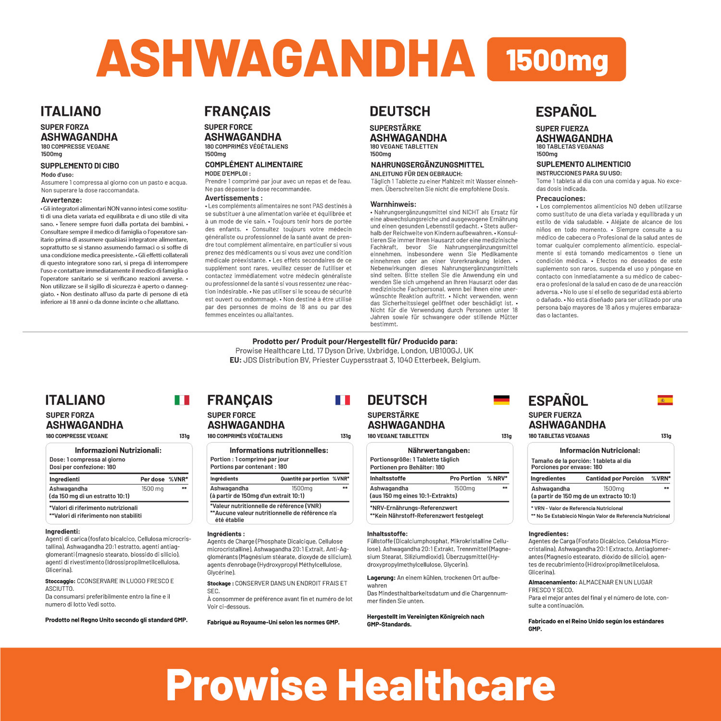 Ashwagandha 1500mg 180 Vegan Tablets | 6 Months’ Supply | Pure High Strength Ashwagandha Root Extract | Ashwagandha Supplement | Made in UK by Prowise Healthcare