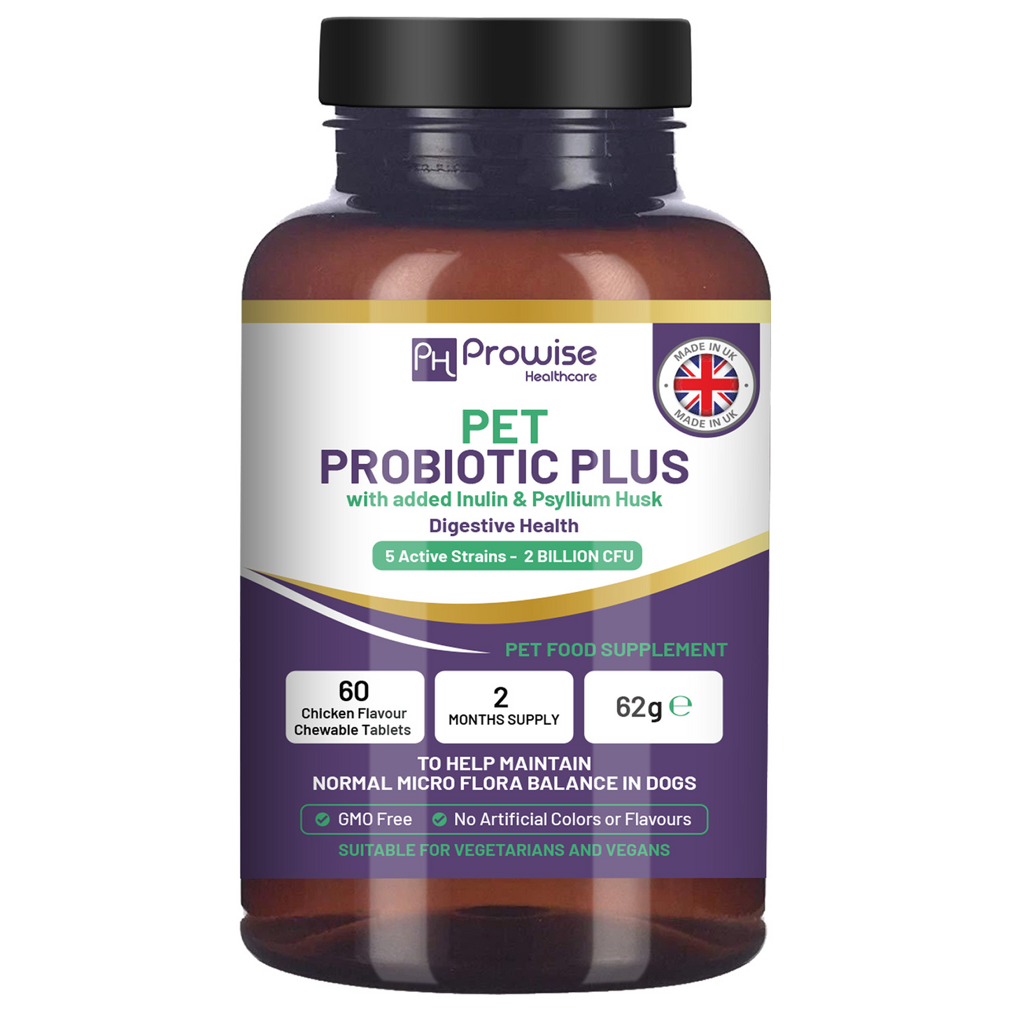 Pet Probiotic Plus with Added Inulin & Psyllium Husk 2 Billion CFU with 5 Active Strains I 60 Chicken Flavour Chewable Tablets 2 Months Supply