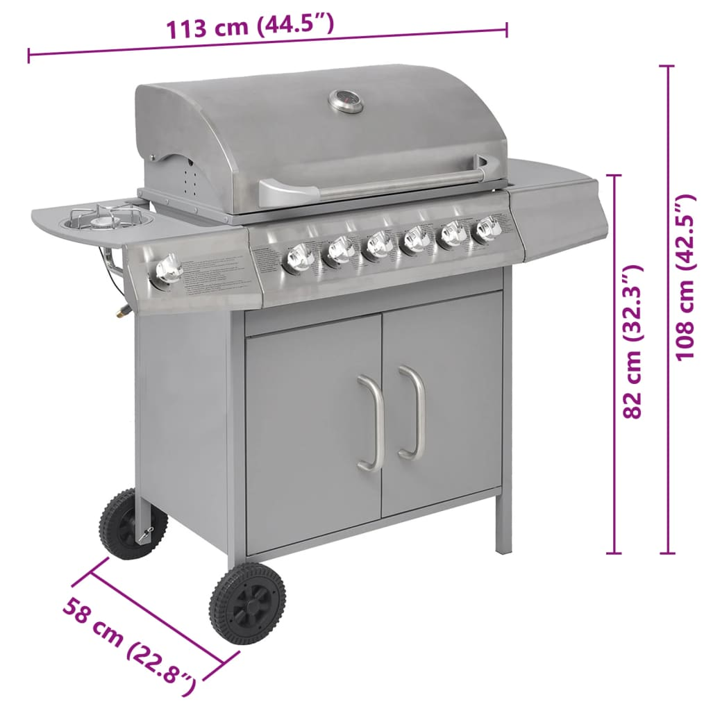 vidaXL Gas Barbecue Grill 6+1 Cooking Zone Silver