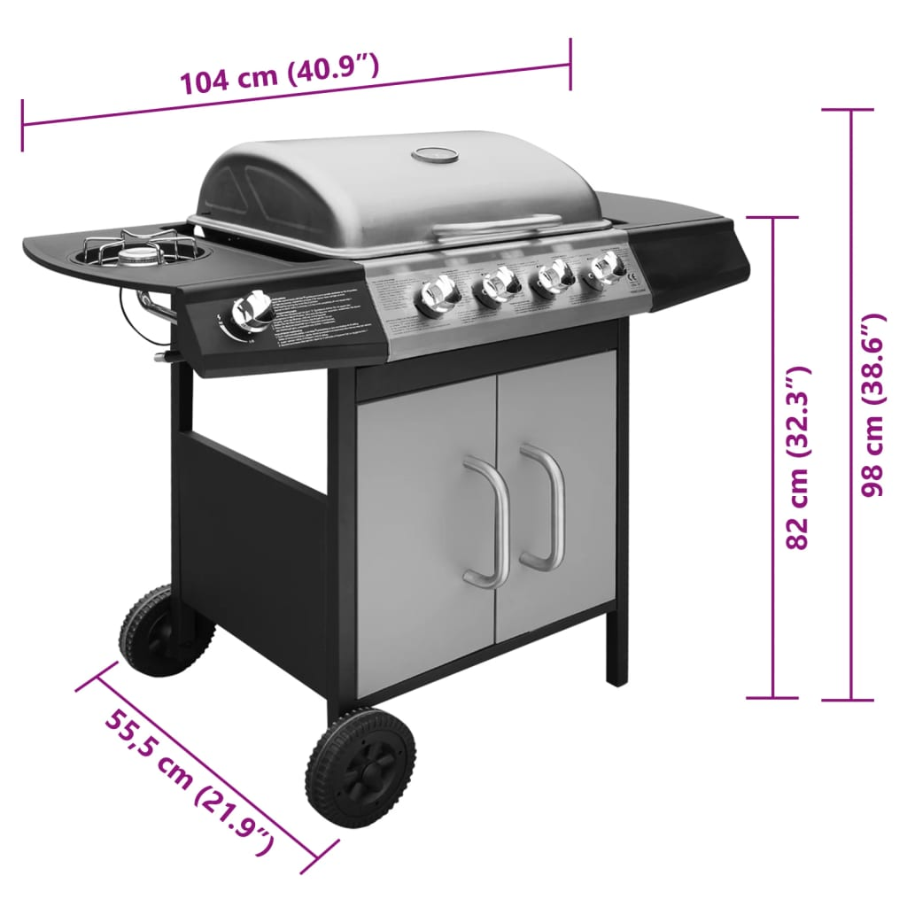 vidaXL Gas Barbecue Grill 4+1 Cooking Zone Black and Silver