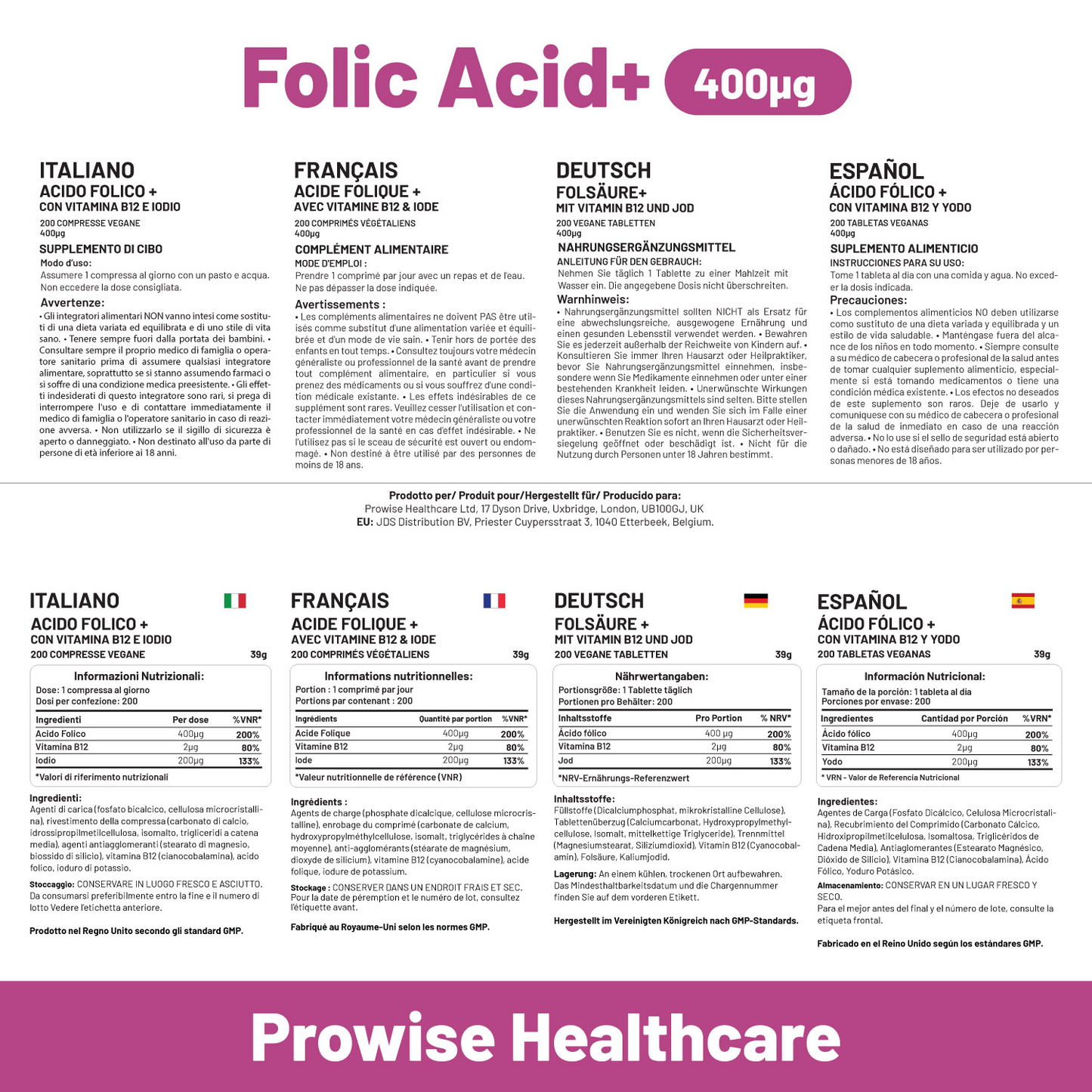 Folic Acid+ 400 mcg - Vegan Tablets with Vitamin B12 & Iodine | Vitamin B9 Tablets | Pregnancy Care Supplement