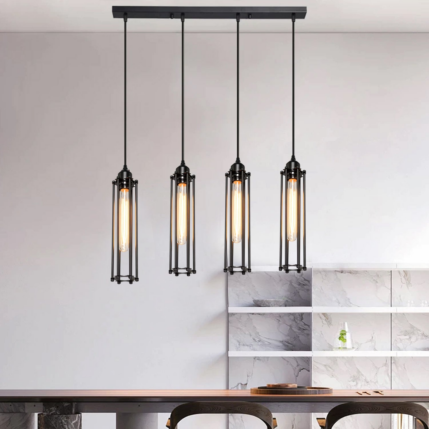 Industrial Black 4 Way Pendant Light Long Wire Cage~1495