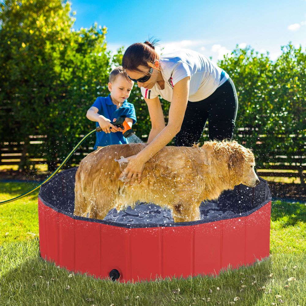 Pet Paddling Pool Cat Dog Indoor/ Outdoor Foldable 120cm Diameter Red Pawhut