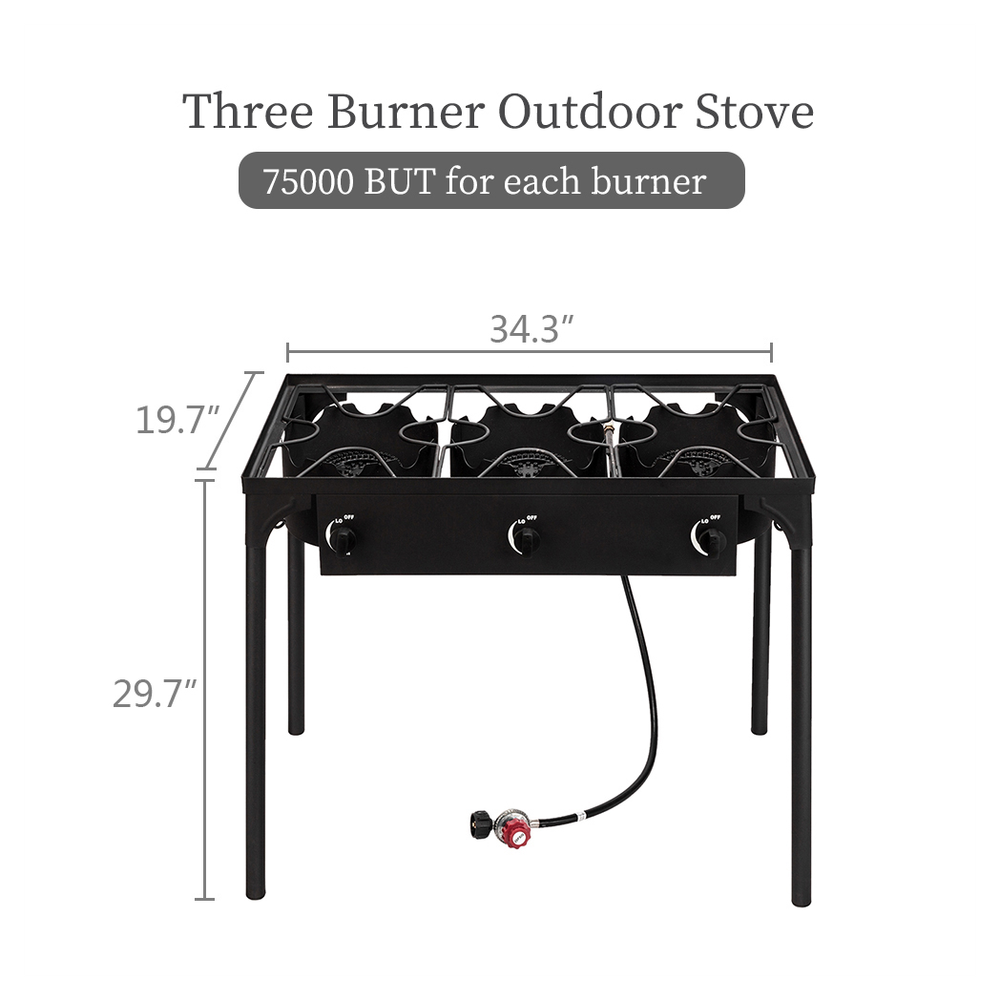 Outdoor Camp Stove High Pressure Propane Gas Cooker Portable Cast Iron Patio Cooking Burner (Three Burner 225000-BTU)