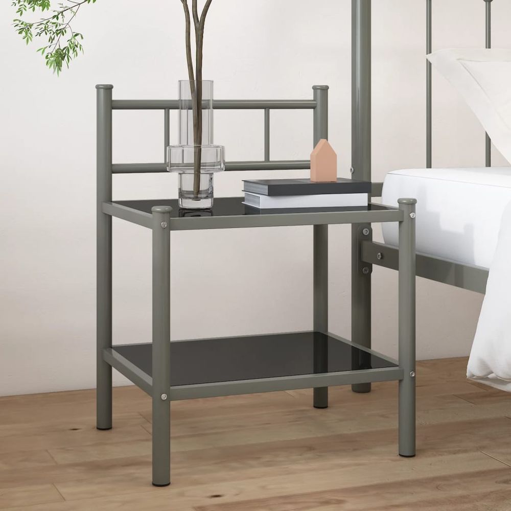 vidaXL Bedside Cabinet Grey and Black 45x34.5x60.5 cm Metal and Glass