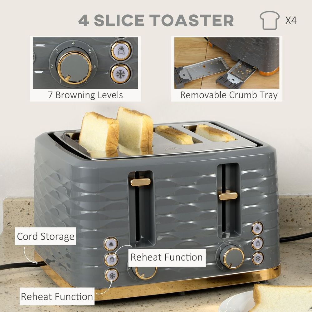 HOMCOM Kettle and Toaster Set 1.7L Rapid Boil Kettle & 4 Slice Toaster Grey