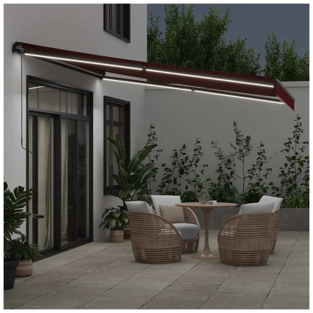 vidaXL Manual Retractable Awning with LEDs Burgundy 400x300 cm