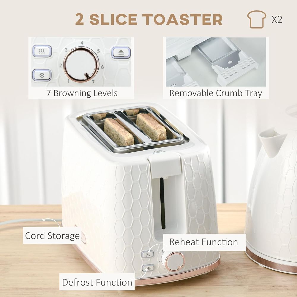 HOMCOM Kettle and Toaster Set 1.7L Fast Boil Kettle & 2 Slice Toaster Set White