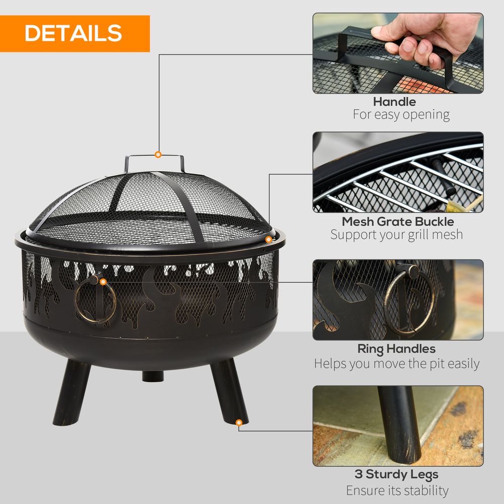 2-in-1 Outdoor Fire Pit with Cooking Grate Steel BBQ Grill Spark Screen Cover